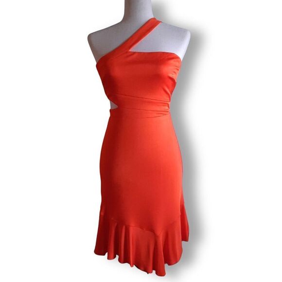 BCBG Max Azria Asymmetrical Bodycon Cutout Dress Red-Orange Shimmer Size XXS - Picture 2 of 16